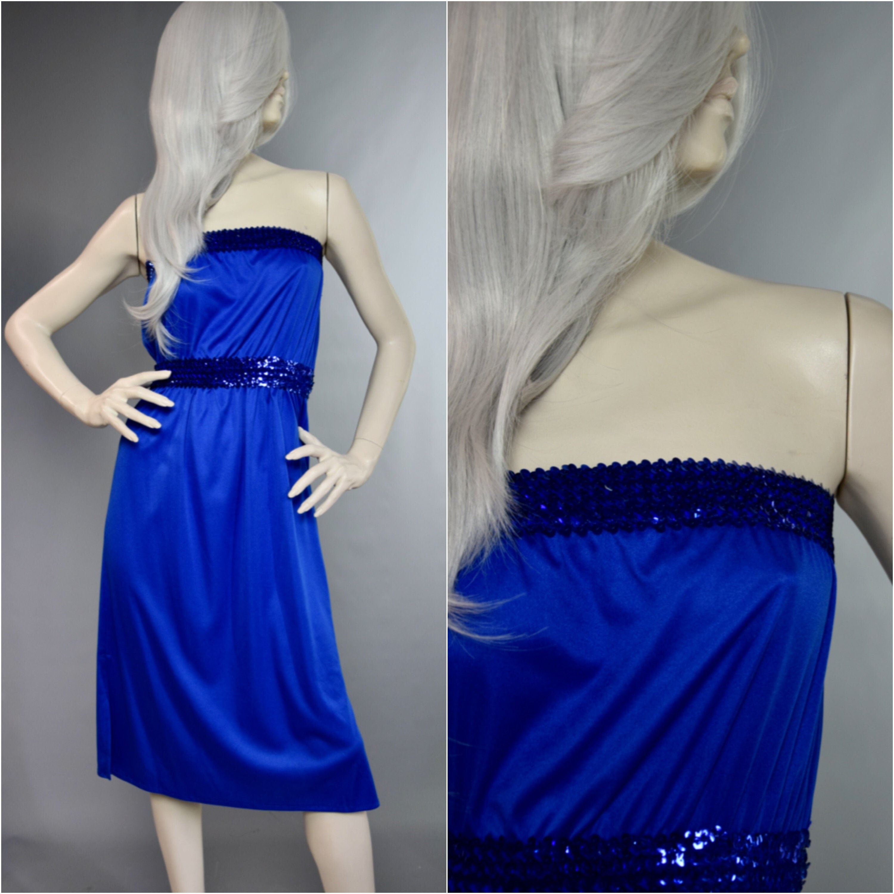 Image of Mrant Strapless Dress | Blue Bandeau Frock S Sequin Midi