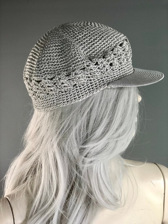 Silver Knit Hat | 60s Crochet Cap | Baker Boy Cap
