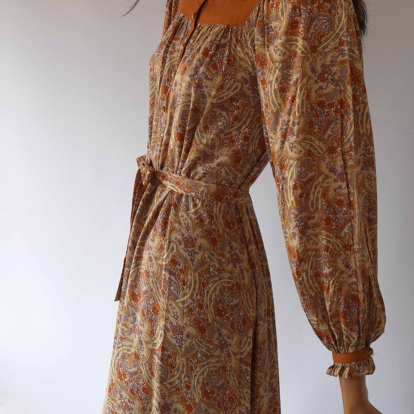 Wallis vintage 1970s cinnamon orange floral print bishop sleeve midi dress