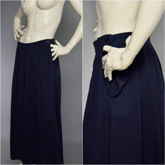 JAEGER Wool Skirt | Pleated Wool Maxi | Navy Ridin