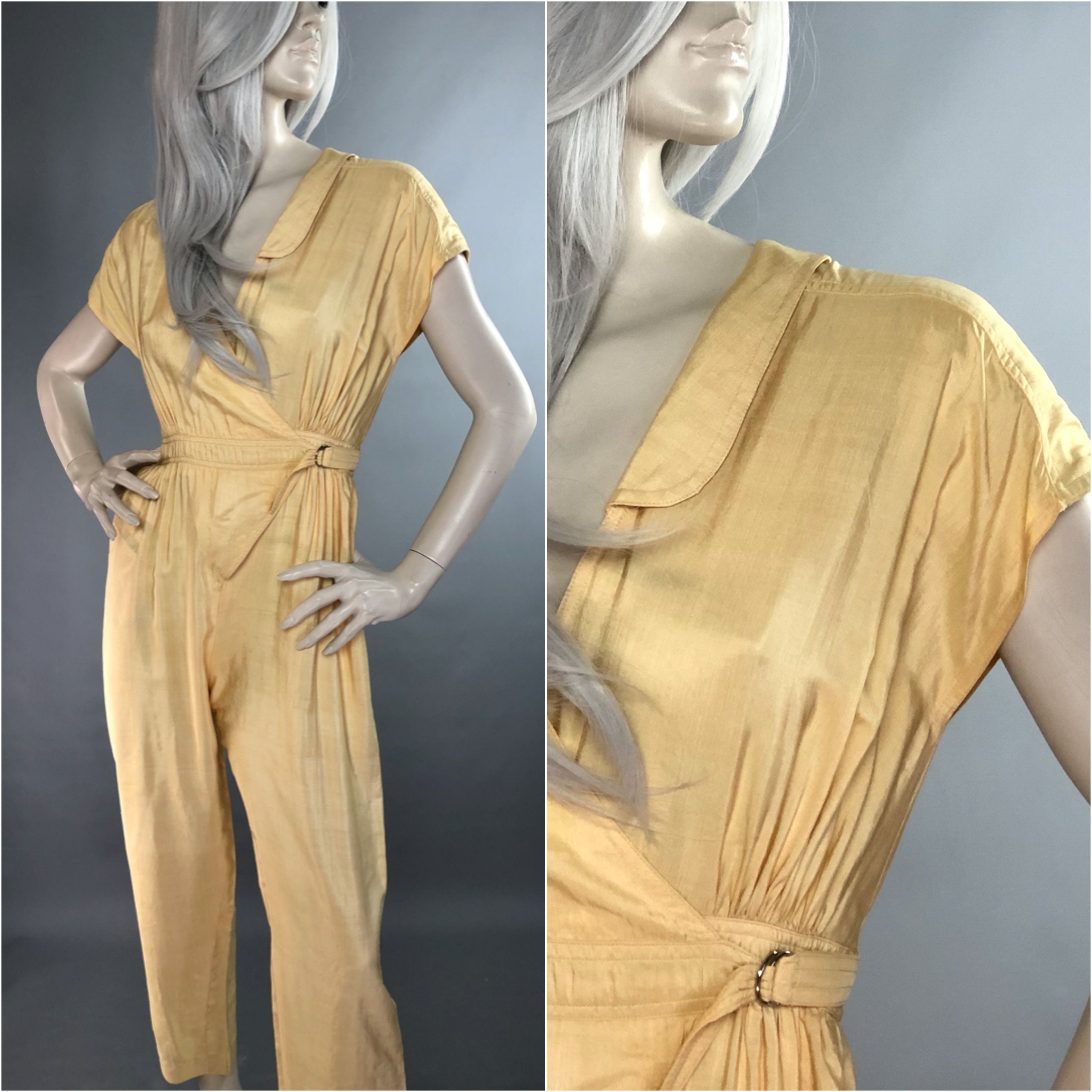 Image of Anne Tyrrell Jumpsuit | S Raw Silk Playsuit Gold Wrap Style Romper