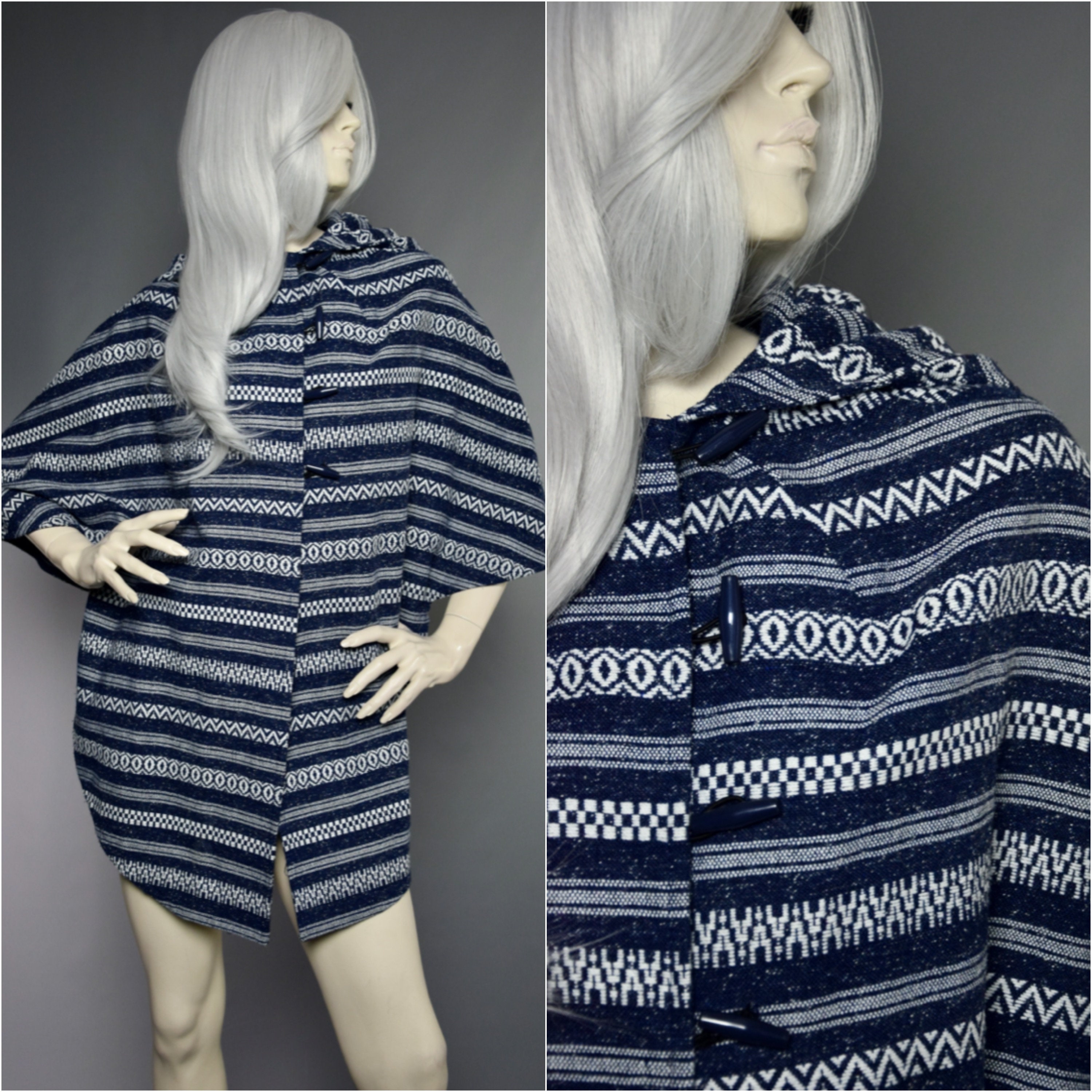 Image of Riddella Blue Jacket | S Hooded Cape Buttoned Duffle Coat