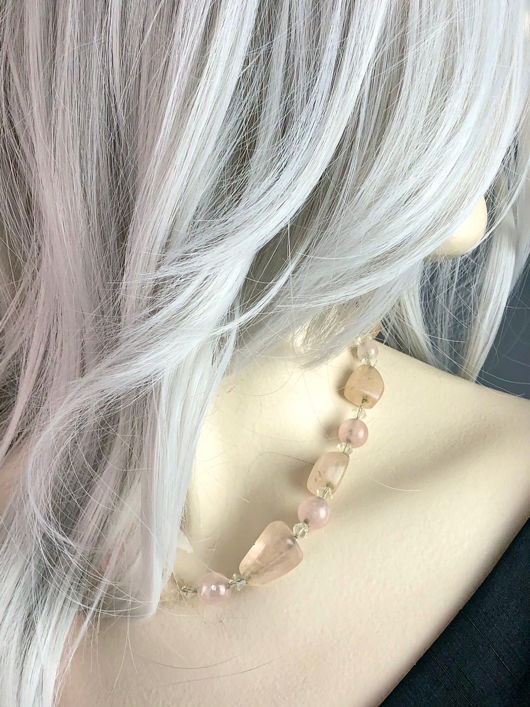 Rose Quartz Choker 40s Beaded Necklace Hand Strung Pendant