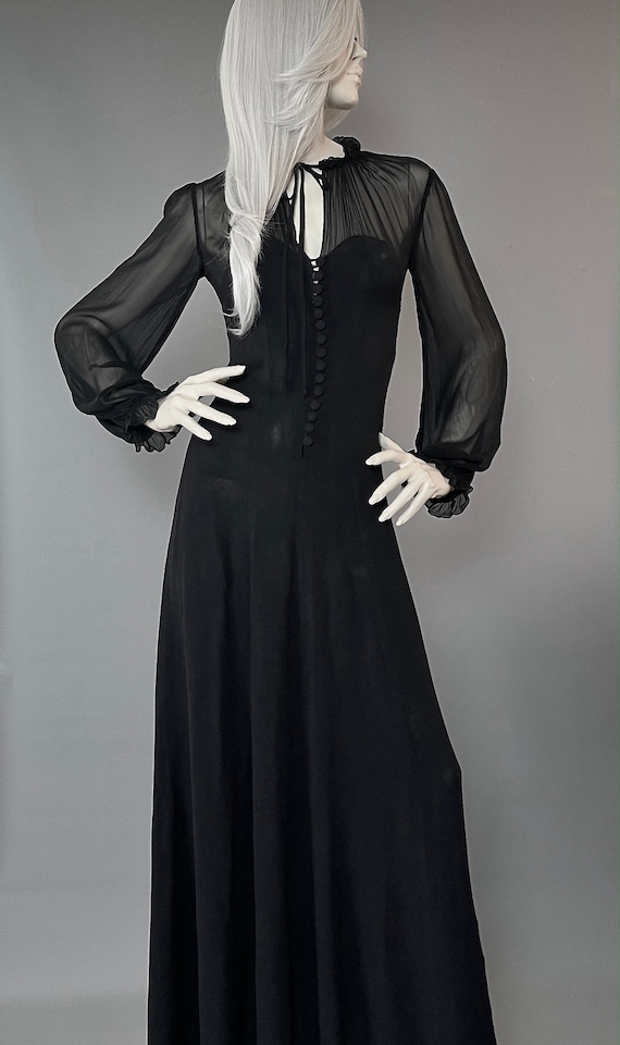 Ossie Clark for Radley | 1970s Black Moss Crepe Chiffon Semi-sheer 