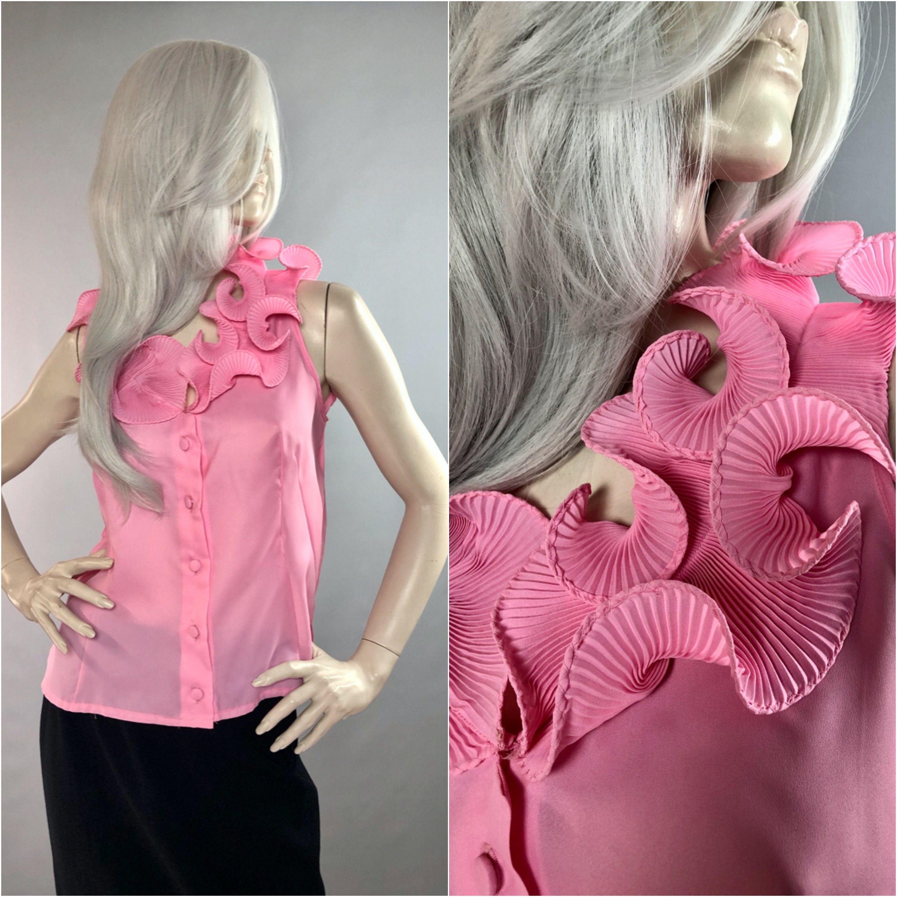 Image of Hardy Amies Blouse | S Pink Top Ruffle Sleeveless Shirt