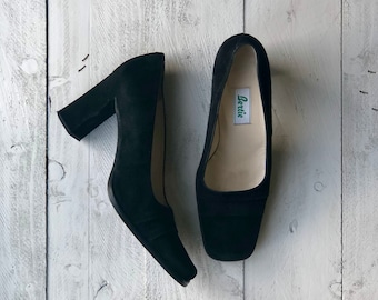 Bertie Suede Shoes | 90s Black Pumps |  Square Toe Heels UK6
