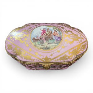 Large Antique Les Trois Levrettes Porcelain De Paris Dresser Coffre Box Casket French Hand Painted Box Sevres Style St.Antoine