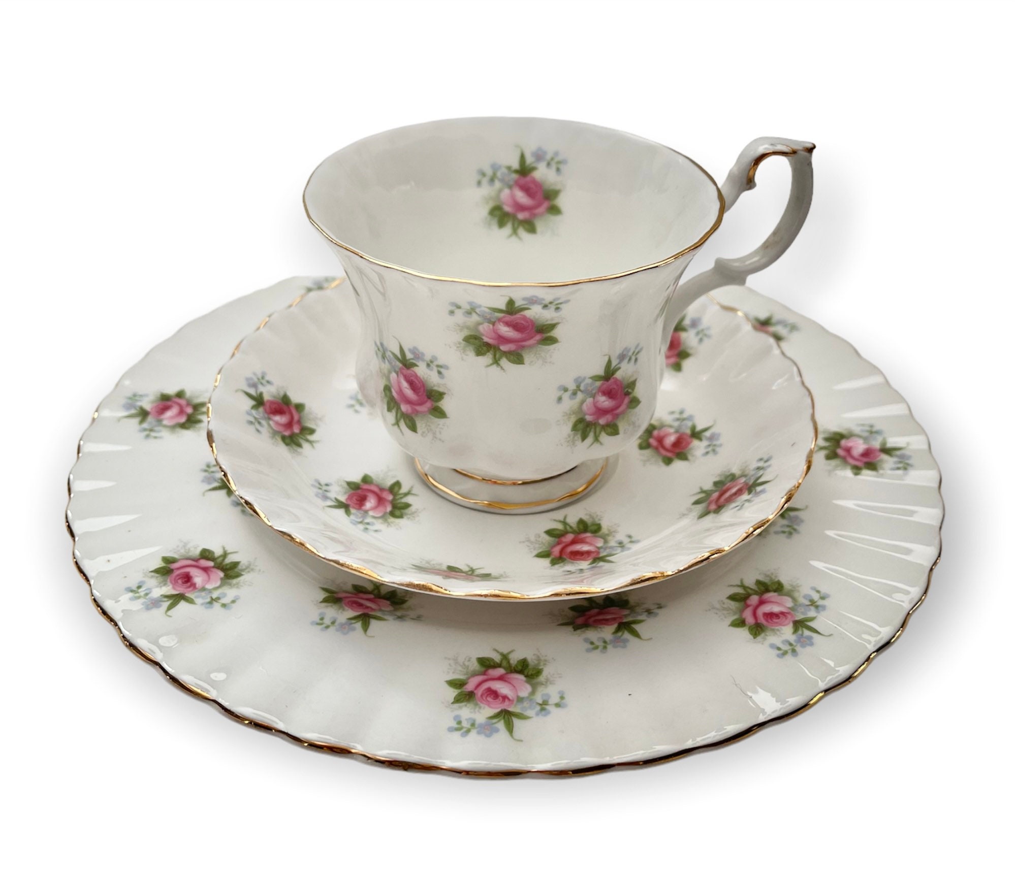 Beautiful Royal Albert Trio Forget Me Not Rose China Tea Cup Saucer and Plate Teacup Set