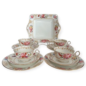 Coronet China Tea Set Cake Plate & 4 Trios Tea Cup Sets England