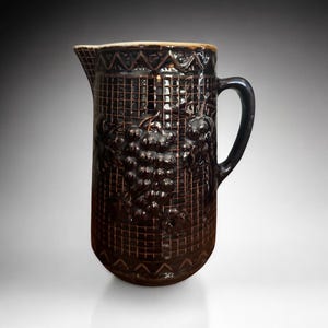 Antique Salt Glazed Stoneware North Star Pottery Pitcher (c. 1892–1897) Grape and Trellis American Pottery