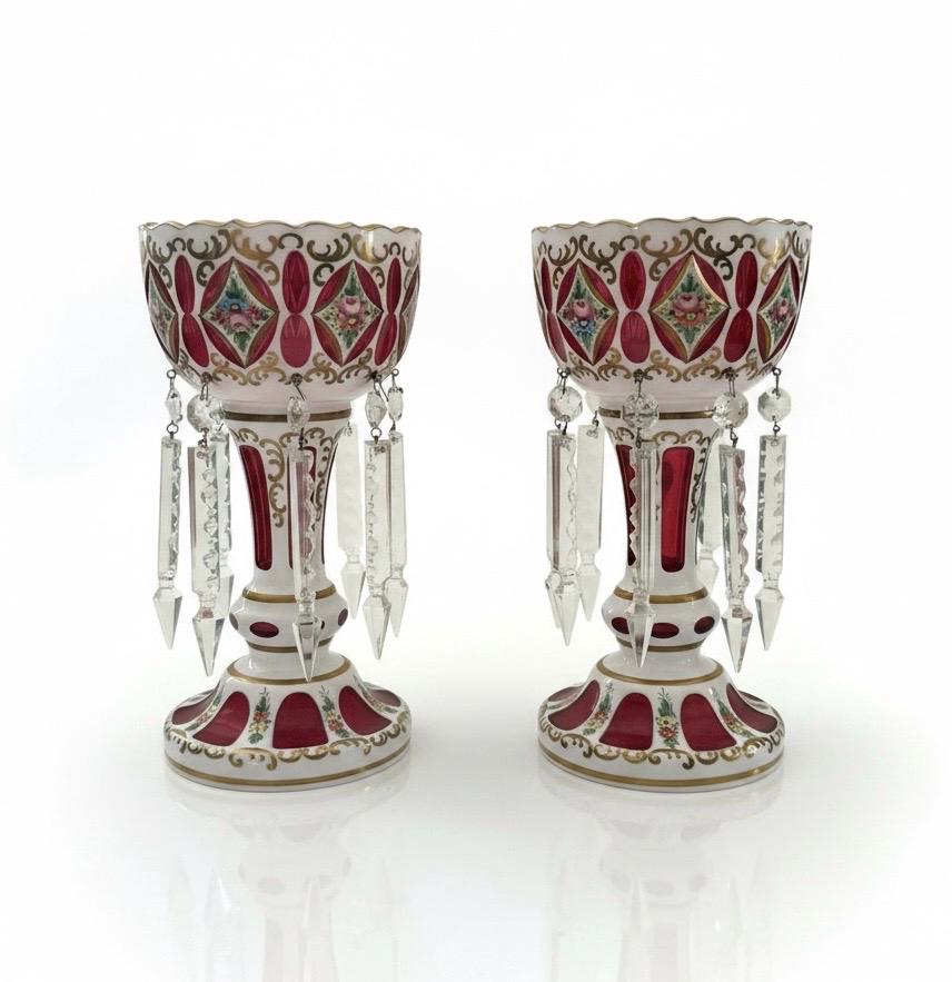 Antique Mantel Lustres Garniture Pair | Cranberry & White Glass