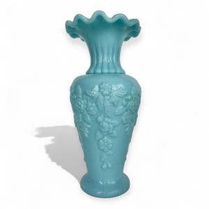 Portieux Vallerysthal Blue Opaline Glass Vase – Floral Relief – French Art Glass