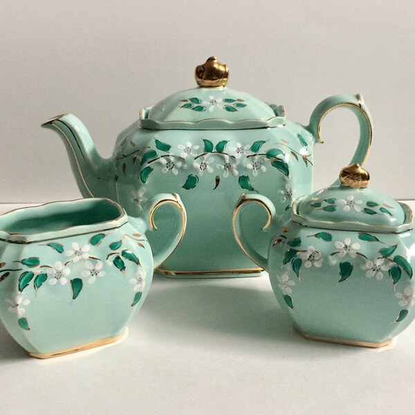 Handgeschilderde Aqua kubus Sadler theepot, melk & suiker