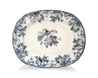 Antique 1856 Blue Transferware Ironstone Platter – “Grape” Pattern by William Davenport & Co., Staffordshire, England