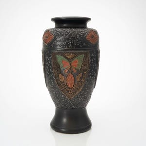 Large Antique Japanese Tokoname Ware Vase – 1920s Art Deco Butterfly Relief – Black Matte Molded Pottery