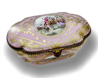 Large Antique Les Trois Levrettes Porcelain De Paris Dresser Coffre Box Casket French Hand Painted Box Sevres Style St.Antoine