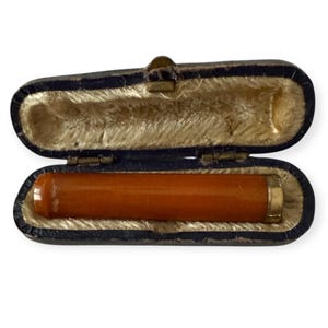 Antique Amber & 18K Gold Plated Cheroot Cigarette Holder | Original Case | 2” | Sterling Band