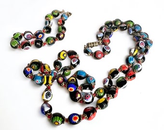 Murano Venetian Glass  Millefiori Beads Necklace and Matching Bracelet