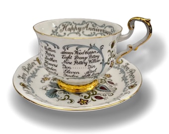 May include: A white teacup and saucer with a gold trim and floral pattern. The teacup has a list of traditional anniversary gifts printed on it, including cotton, paper, leather, flowers, wooden, candy, seven wood, copper, eight bronze, pottery, nine pottery, willow, ten tin, eleven steel, and twelve silk.