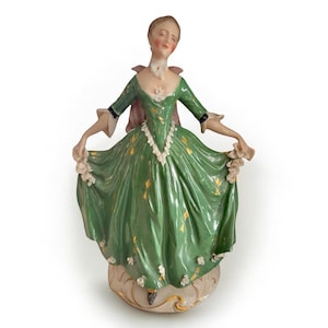 Antique Volkstedt Dresden Figurine Lady In Green Hand Painted Porcelain
