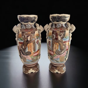15.5” Antique Pair of Japanese Satsuma C.1910 Meiji Period Urn Vases