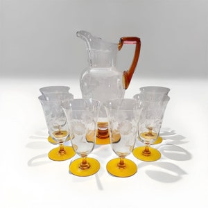 Hughes Cornflower Pitcher & 6 Crystal and Amber Glasses