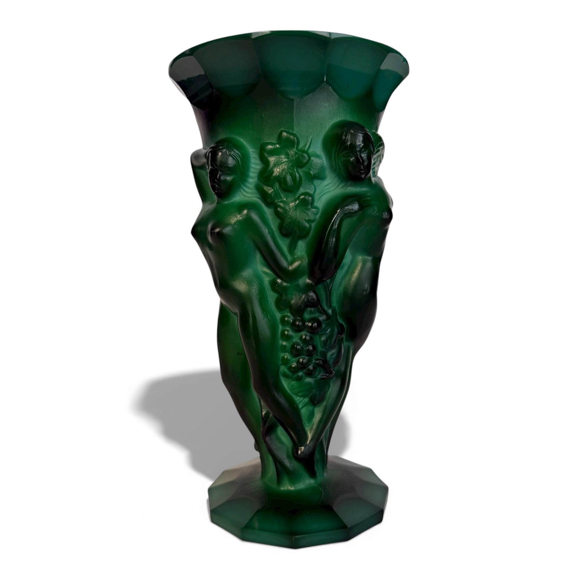 Art Deco Malachite Glass Vase- Bacchantes Motif Bohemian Glass