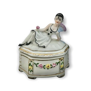 Wunderschöne Deutsche Pirouette Clown Pulver Box Dresser Glas Half Doll Lady Trinket Box Pierrot