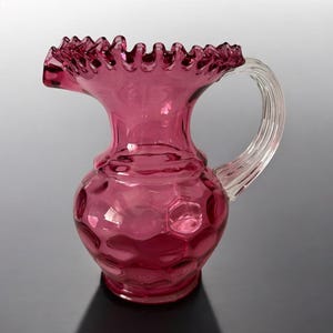 Vintage Fenton Cranberry Inverted Thumbprint Coin Dot Pitcher Ruffled Rim with Applied Reed Handle.