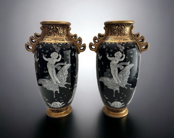 Pâte-sur-Pâte Style Black Porcelain Vases Putti and Butterflies