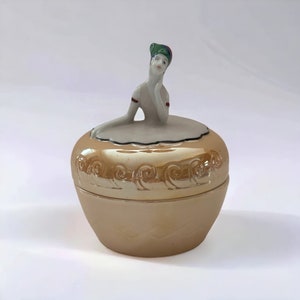 Wunderschöne deutsche Lusterware Pulver Box Dresser Glas Halbe Puppe Lady Schmuck Box