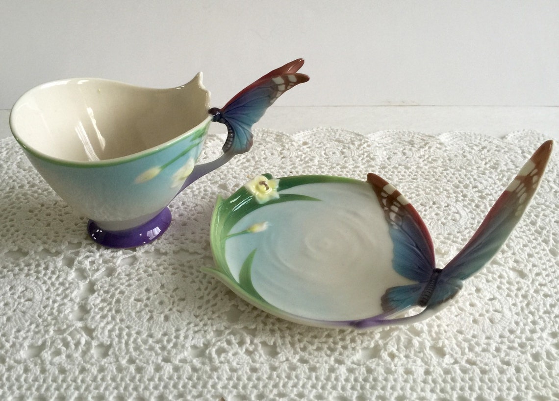 Beautiful Blue Franz Butterfly Tea Cup and Saucer Teacup Set Etsy