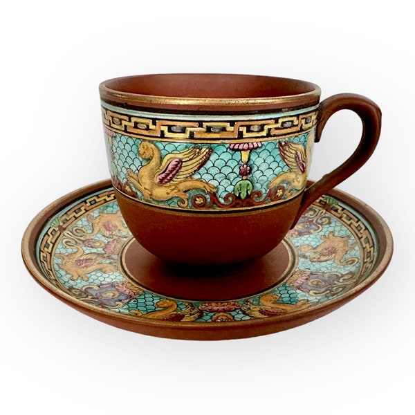 Antique Christopher Dresser for Watcombe Pottery Terracotta Tea Cup and Saucer Griffon Pattern Ca. 1870