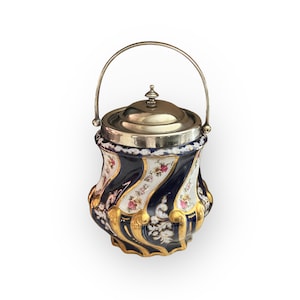 Antique George Jones Crescent China Biscuit Barrel Jar With Silver Plated lid