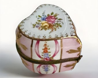 Vintage Peint Main Limoges Heart Shaped Perfume Chest Porcelain Trinket Box
