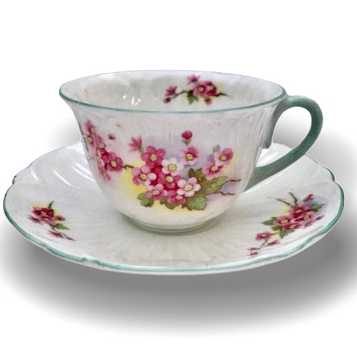 SHELLEY Rose Tea Cup and Saucer White Teacup With Pink Roses Etsy