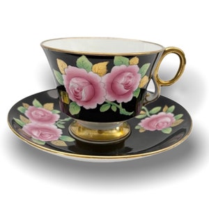 Juego de taza de té y platillo de porcelana con rosas pintadas a mano de Black Adderley