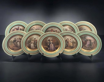 10 antieke Royal Vienna Ackermann & Fritze 10,5" kastborden Liefdesscènes / verkeringscènes kunstenaar ondertekend opladers, circa 1900