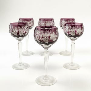 Ajka Marsala Set Of 6 Czech Amethyst Crystal Cut To Clear Water Wine Glasses Hocks Hungary