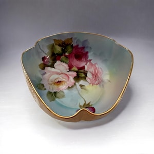 Antique Noritake Hand Painted Rose and Gold Moriage 3 Sided Bowl