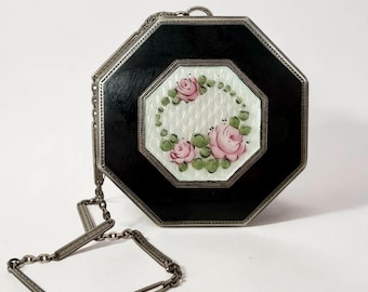 Antique Art Deco Guilloché Enamel Sterling Silver Dance Compact c.1920