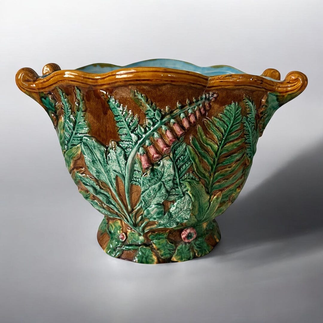 Exquisite Minton Majolica Jardinière – “foxglove and Fern” Pattern