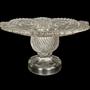 Antique EAPG Pressed Glass Stand | 11.5” Pedestal Compote | Pinwheel & Hobstar Motif c. 1880-1910
