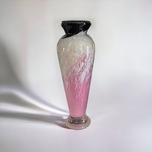 11” Hand Blown Art Glass Vase S. Bisley Pink Blue White Cased