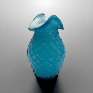 Victorian Diamond Quilt Turquoise and White Cased Glass Vase Hand Blown