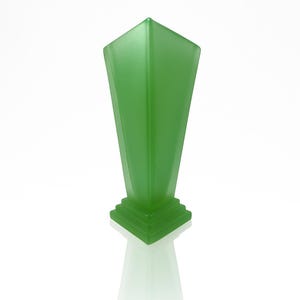 New Martinsville Art Deco Green Satin Glass Triangular Vase, c. Early 20th Century – Stepped Base
