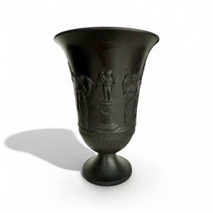 Vintage Wedgwood Black Basalt Arcadian Trumpet Vase – 1968, Made in England