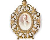 Antique Ornate Brass Plated Cast Iron Easel Picture Frame with Antique Photo. Victorian, Art Nouveau