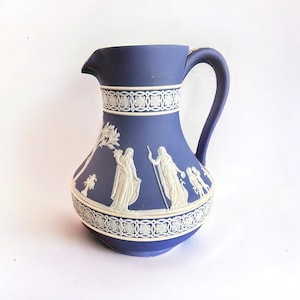 Beautiful 8&quot; Wedgwood Pitcher Bas Relief Ware Cobalt Blue Jasperware