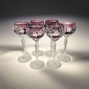Ajka Marsala Set Of 6 Czech Amethyst Crystal Cut To Clear Water Wine Glasses Hocks Hungary
